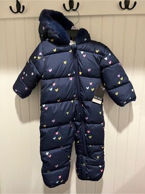 Baby Okie Dokie Navy Heart Print Infant Snowsuit with Hood Winter New! 6-9 mos